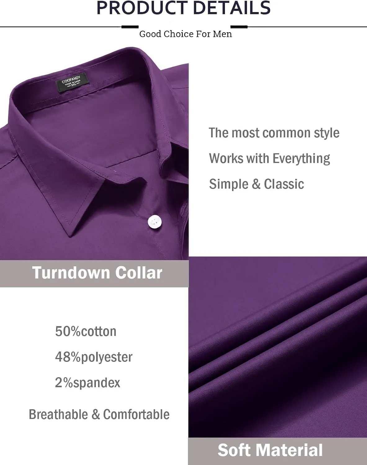 COOFANDY Mens Casual Button Down Shirts Long Sleeve Untucked Shirts for Men Stretch Dress Shirt