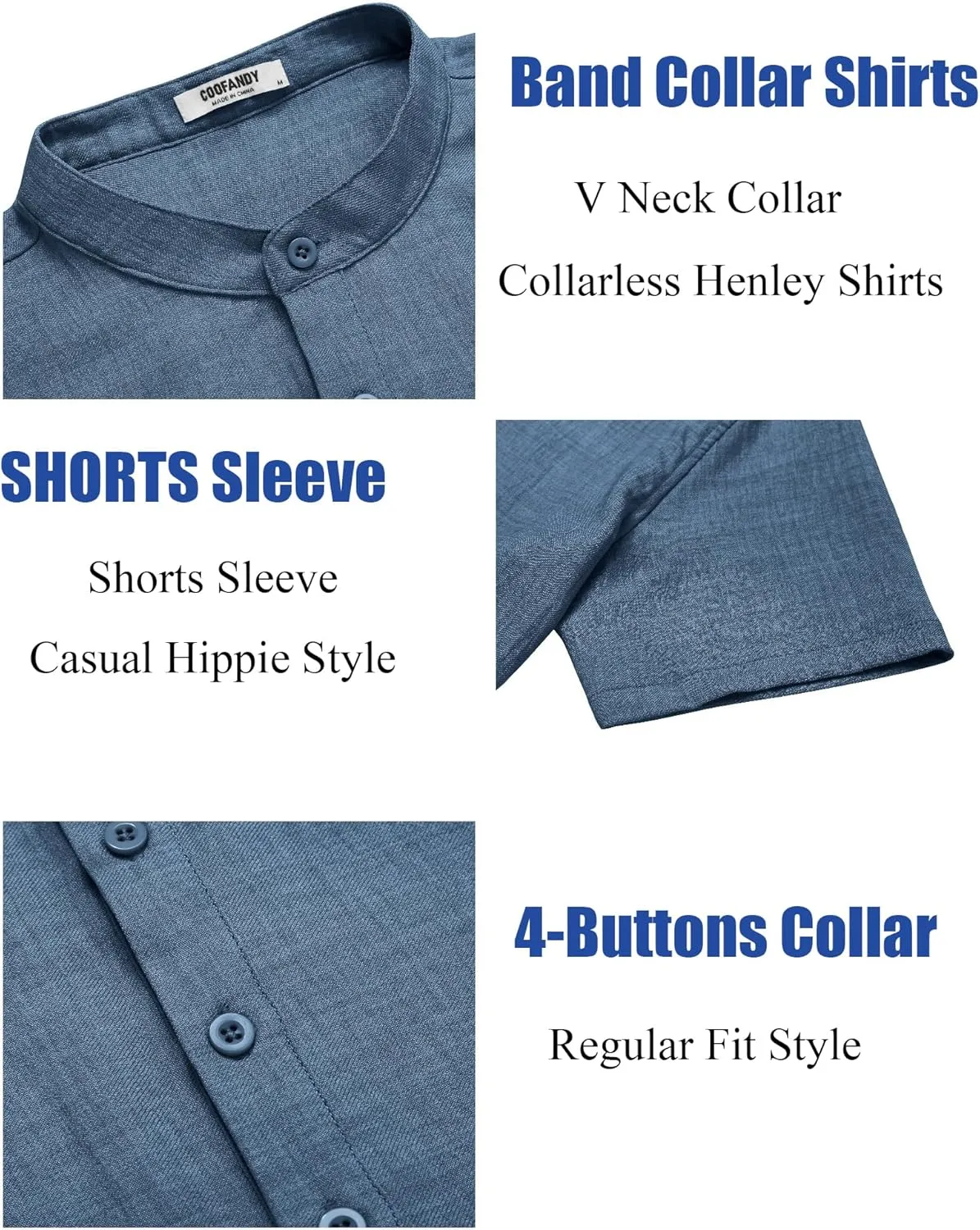 COOFANDY Men's Casual Henley Shirt Short Sleeve Summer Shirts Linen Band Collar Summer Beach Hippie T-Shirts