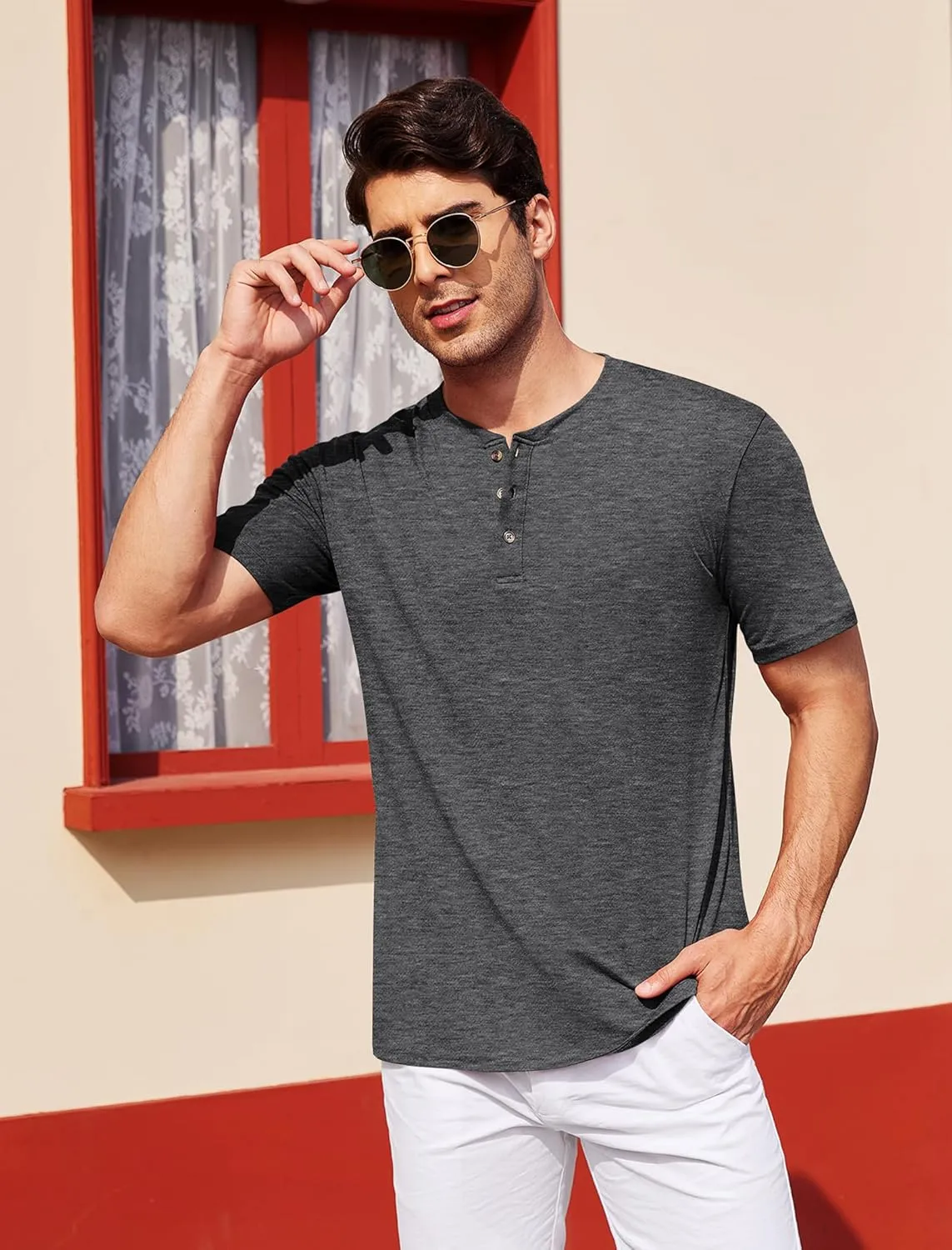 COOFANDY Men's Henley Shirts Short Sleeve Casual Basic Tee Summer Button Henley Soild T Shirts