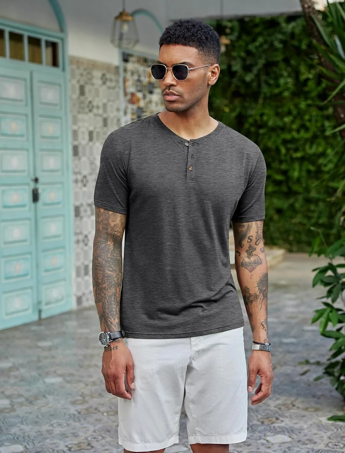 COOFANDY Men's Henley Shirts Short Sleeve Casual Basic Tee Summer Button Henley Soild T Shirts