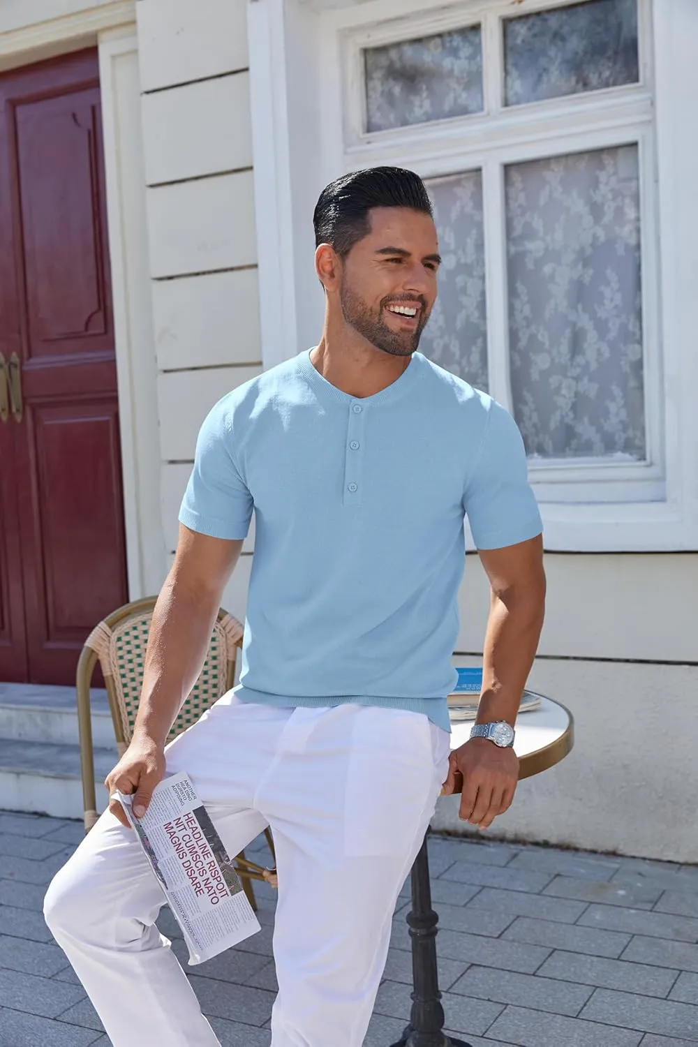 COOFANDY Men's Knit Henley Shirts Short Sleeve Casual Basic Tee Summer Button Soild T Shirts