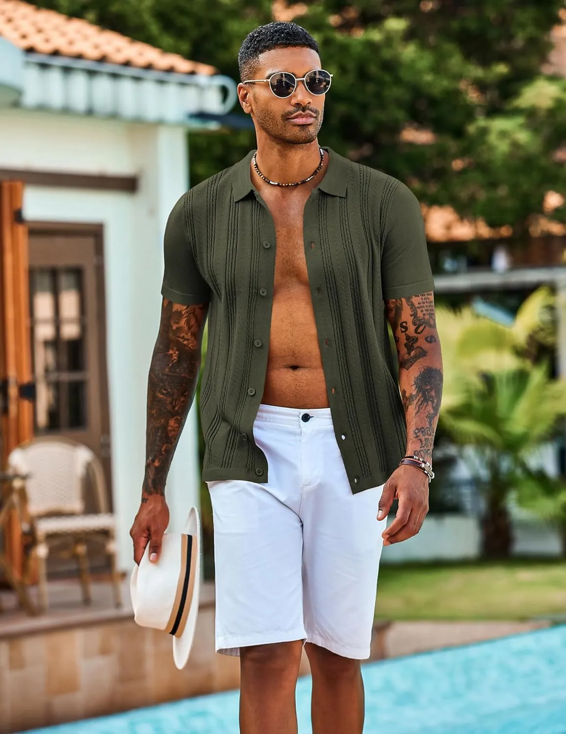 COOFANDY Men's Knit Shirts Short Sleeve Casual Button Down Polo Shirt Summer Beach Vacation Shirts
