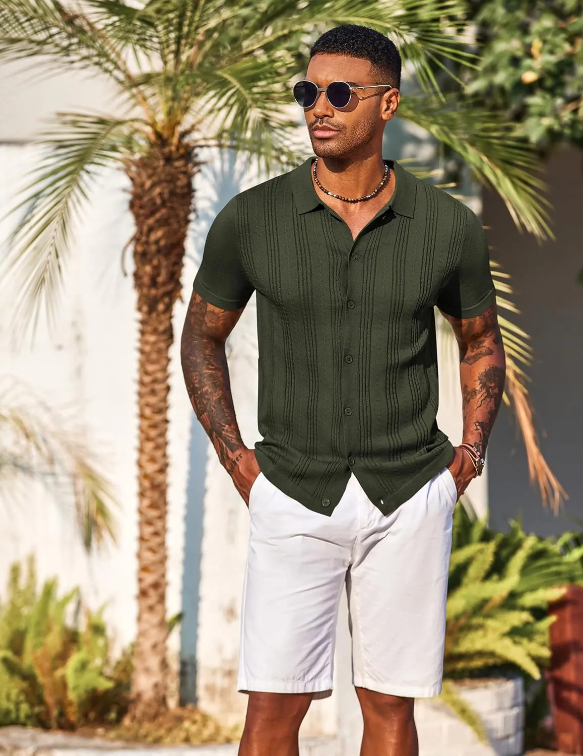 COOFANDY Men's Knit Shirts Short Sleeve Casual Button Down Polo Shirt Summer Beach Vacation Shirts