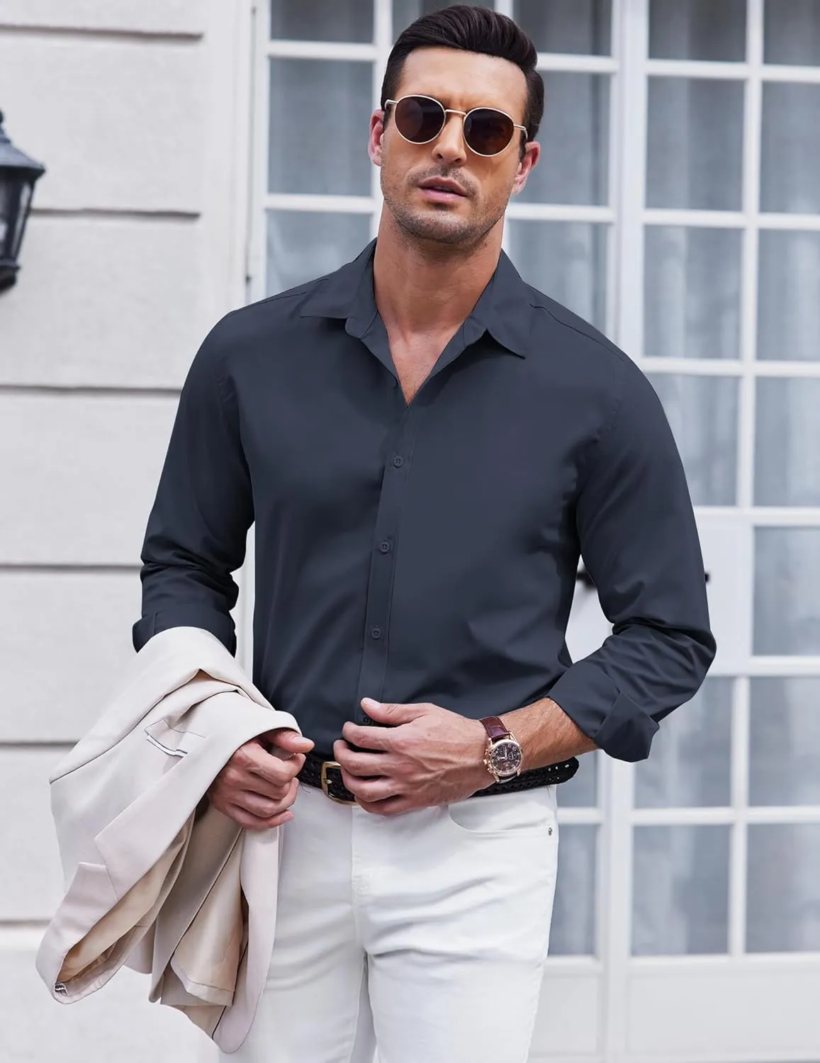 COOFANDY Men's Long Sleeve Button Down Shirts Casual Untucked Dress Shirt Summer Beach Wedding Shirts