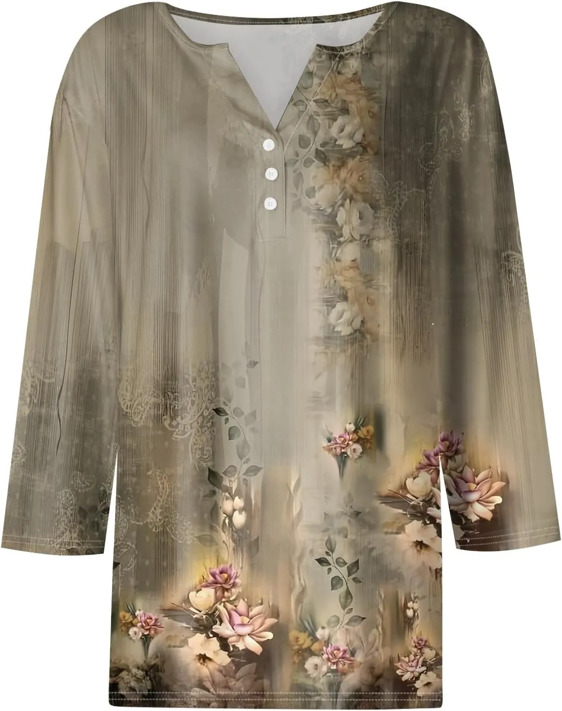 COTECRAM Tops for Women 2024 Summer Casual 3/4 Length Sleeve Button V Neck T Shirts Boho Floral Graphic Tees Loose Tunics