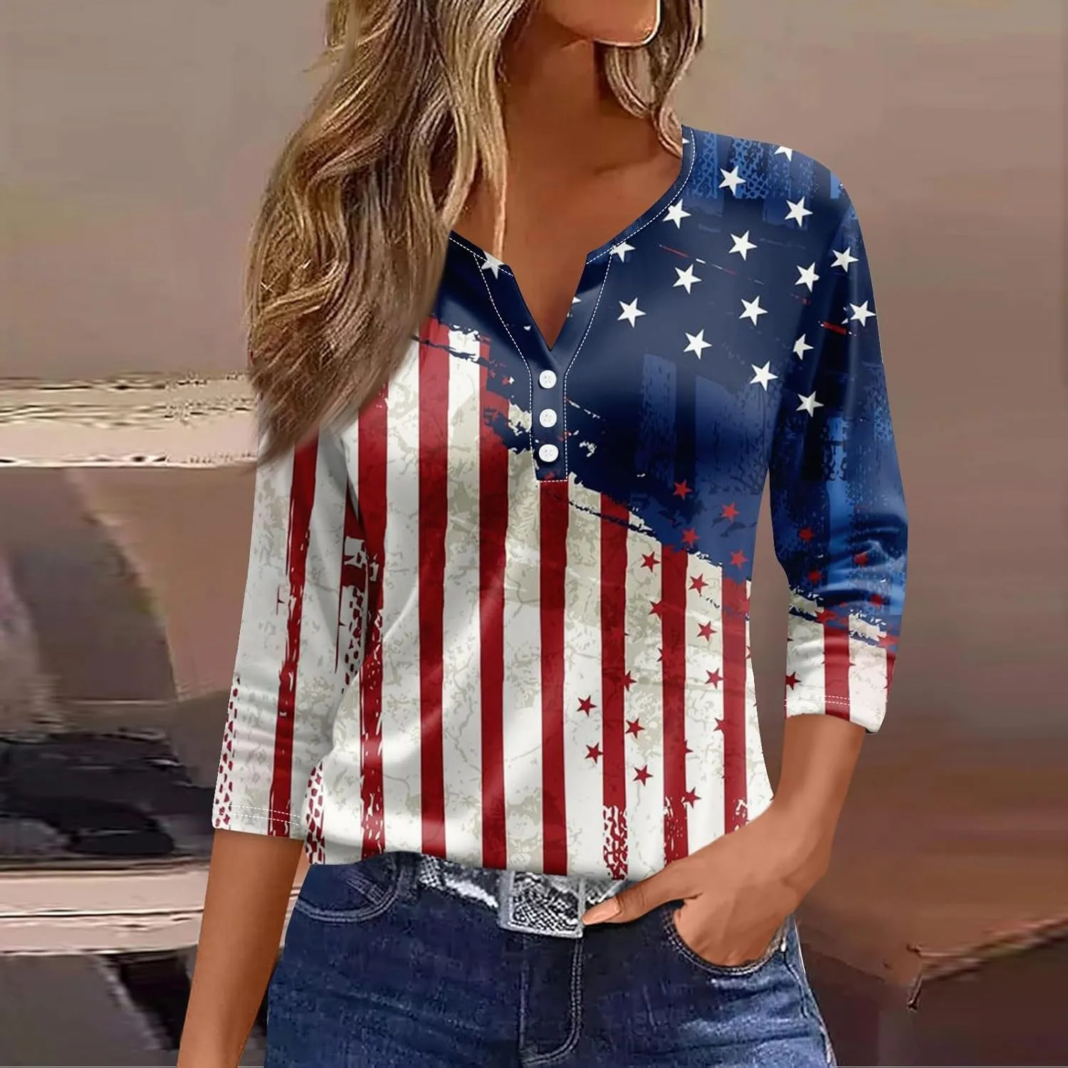 COTECRAM Tops for Women 2024 Summer Casual 3/4 Length Sleeve Button V Neck T Shirts Boho Floral Graphic Tees Loose Tunics
