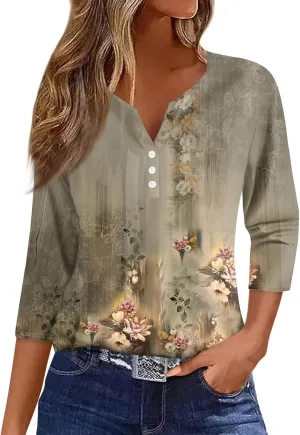 COTECRAM Tops for Women 2024 Summer Casual 3/4 Length Sleeve Button V Neck T Shirts Boho Floral Graphic Tees Loose Tunics