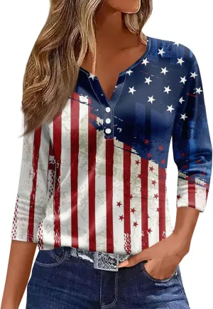 COTECRAM Tops for Women 2024 Summer Casual 3/4 Length Sleeve Button V Neck T Shirts Boho Floral Graphic Tees Loose Tunics