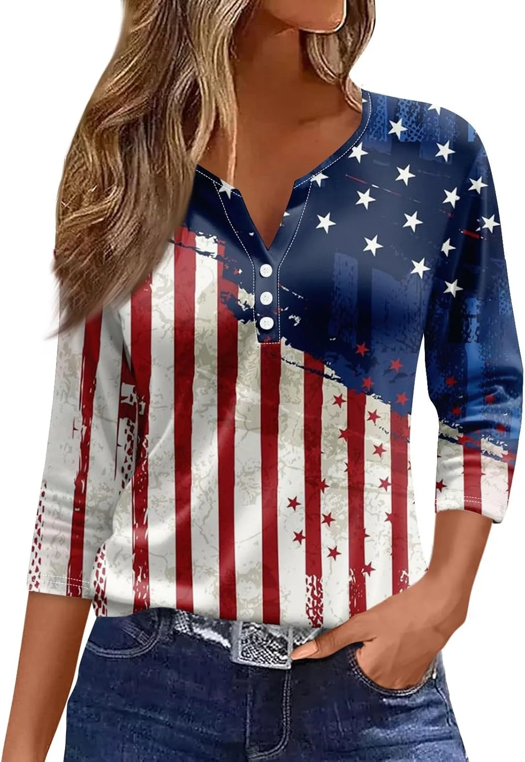 COTECRAM Tops for Women 2024 Summer Casual 3/4 Length Sleeve Button V Neck T Shirts Boho Floral Graphic Tees Loose Tunics