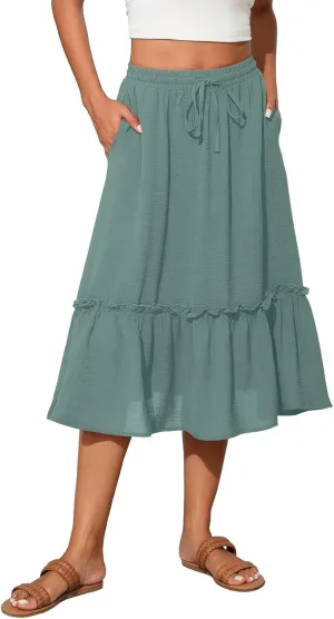 Cotton Tiered Midi Skirts for Women with Pockets 2025 Casual High Elastic Waisted Summer Skirts Flowy Tie Beach Skirt