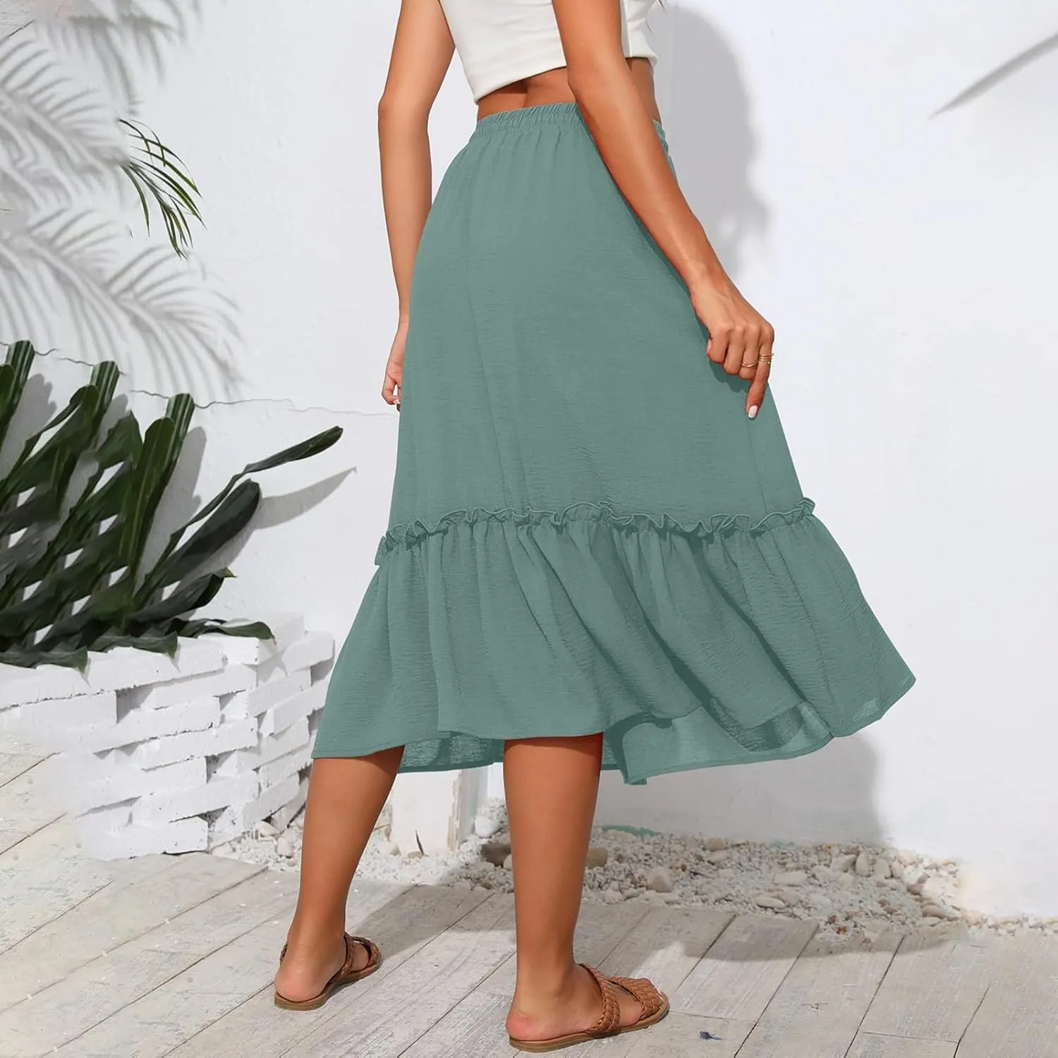 Cotton Tiered Midi Skirts for Women with Pockets 2025 Casual High Elastic Waisted Summer Skirts Flowy Tie Beach Skirt