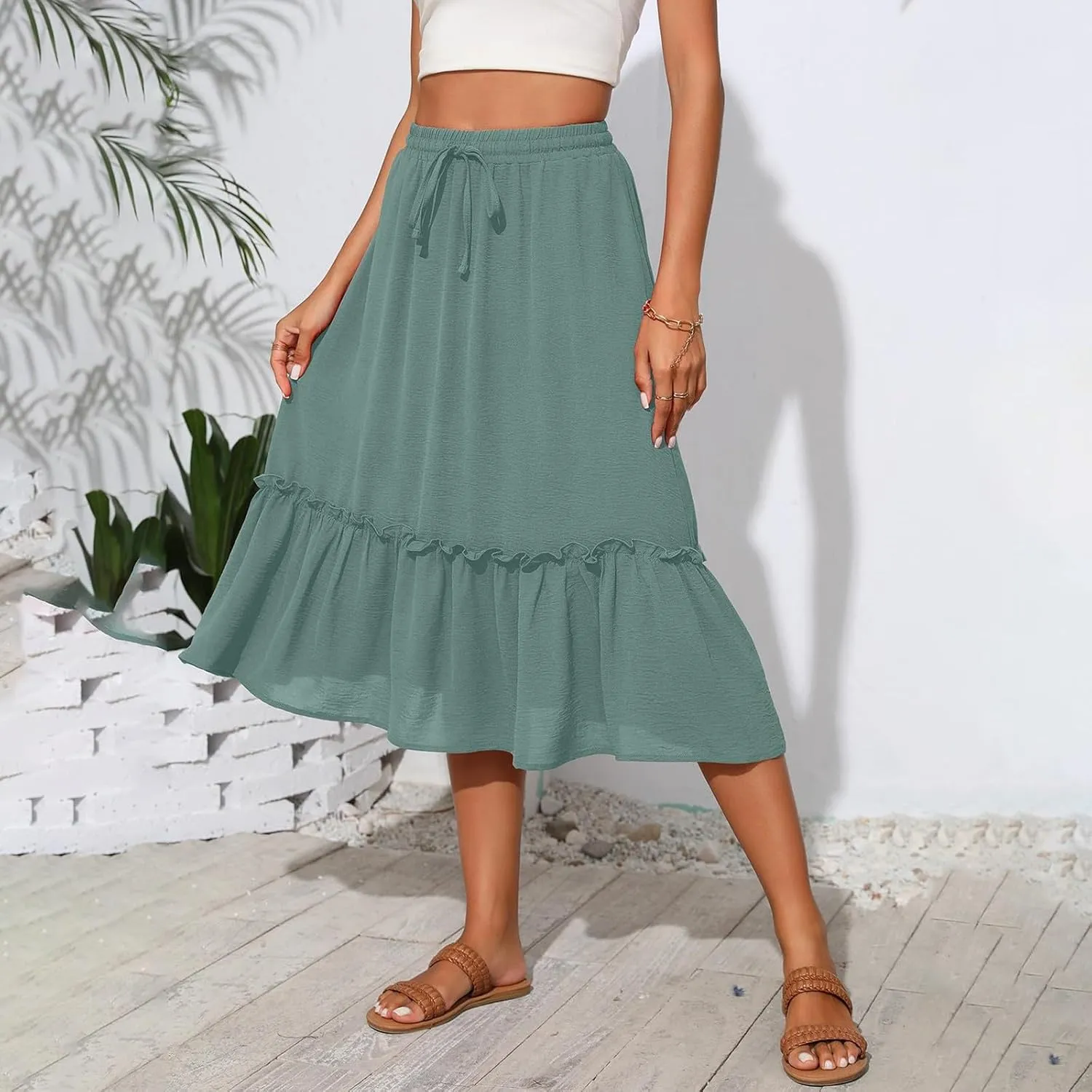 Cotton Tiered Midi Skirts for Women with Pockets 2025 Casual High Elastic Waisted Summer Skirts Flowy Tie Beach Skirt