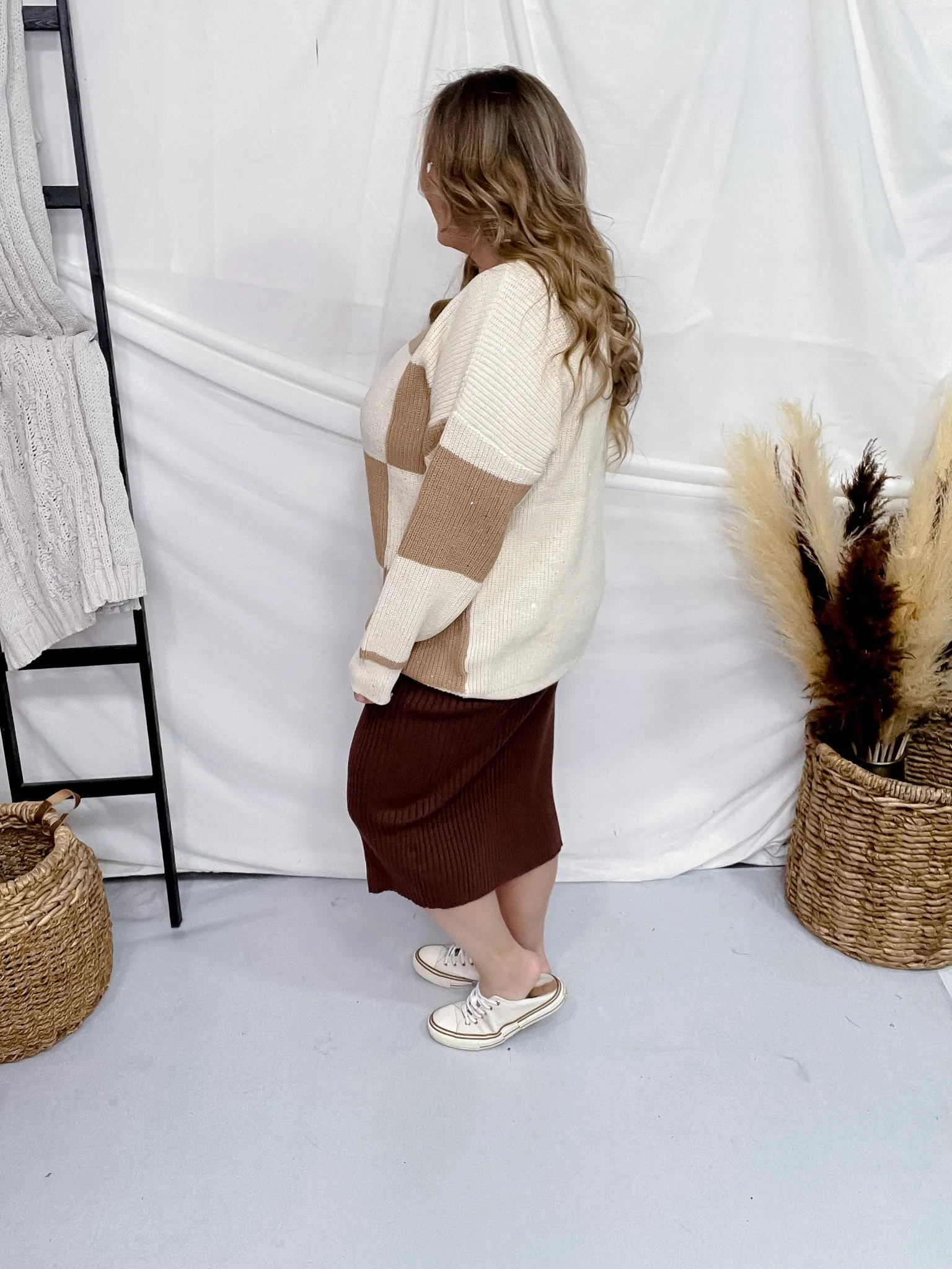 Cream and Tan Checkered Sweater with Sequin Detail