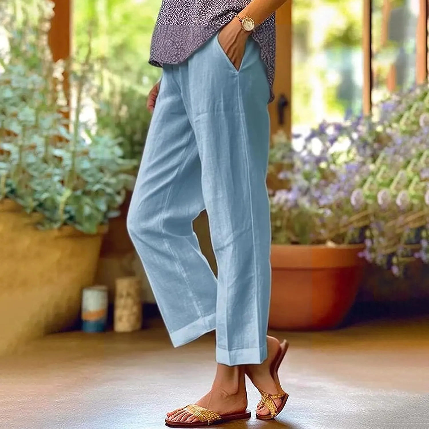 Cropped Linen Pants Women Elastic Pants Long Drawstring Linen Women Waist Cotton Casual Pants Striped Linen Pants