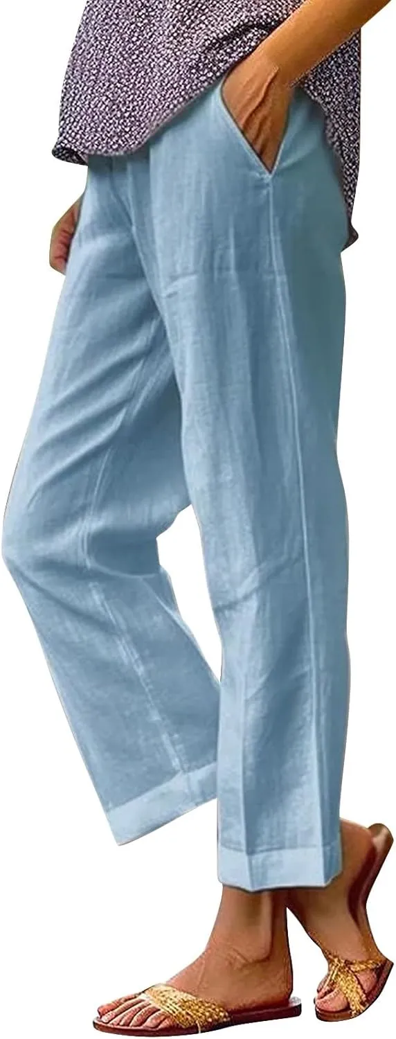 Cropped Linen Pants Women Elastic Pants Long Drawstring Linen Women Waist Cotton Casual Pants Striped Linen Pants