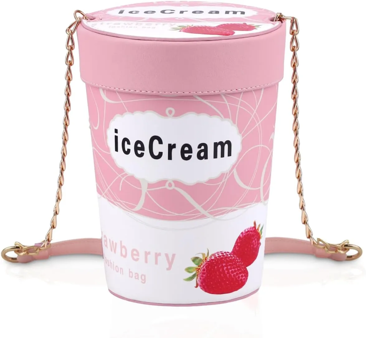 Crossbody Bags for Women Trendy Vegan Leather Hobo Bucket Purses Fruit Strawberry ice cream Shoulder Handbags with Chain Shoulder Strap