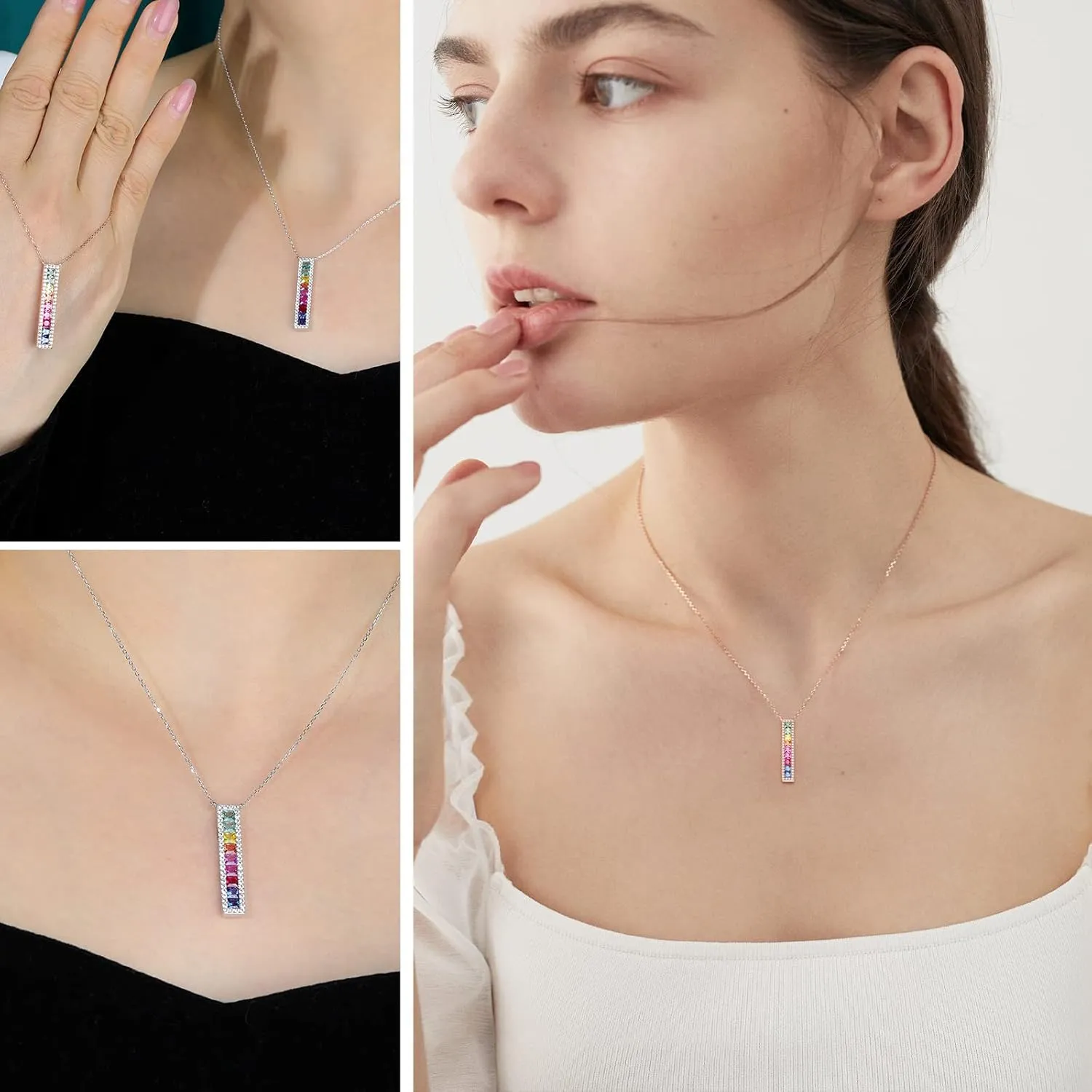 Curved Bar Baguette Necklace for Women 925 Sterling Silver Lab Created Colorful Gemstone Pendant Necklace