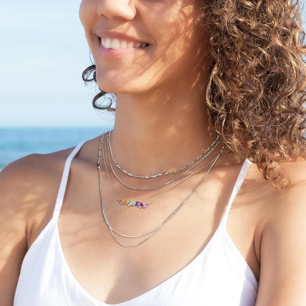 Curved Bar Baguette Necklace for Women 925 Sterling Silver Lab Created Colorful Gemstone Pendant Necklace