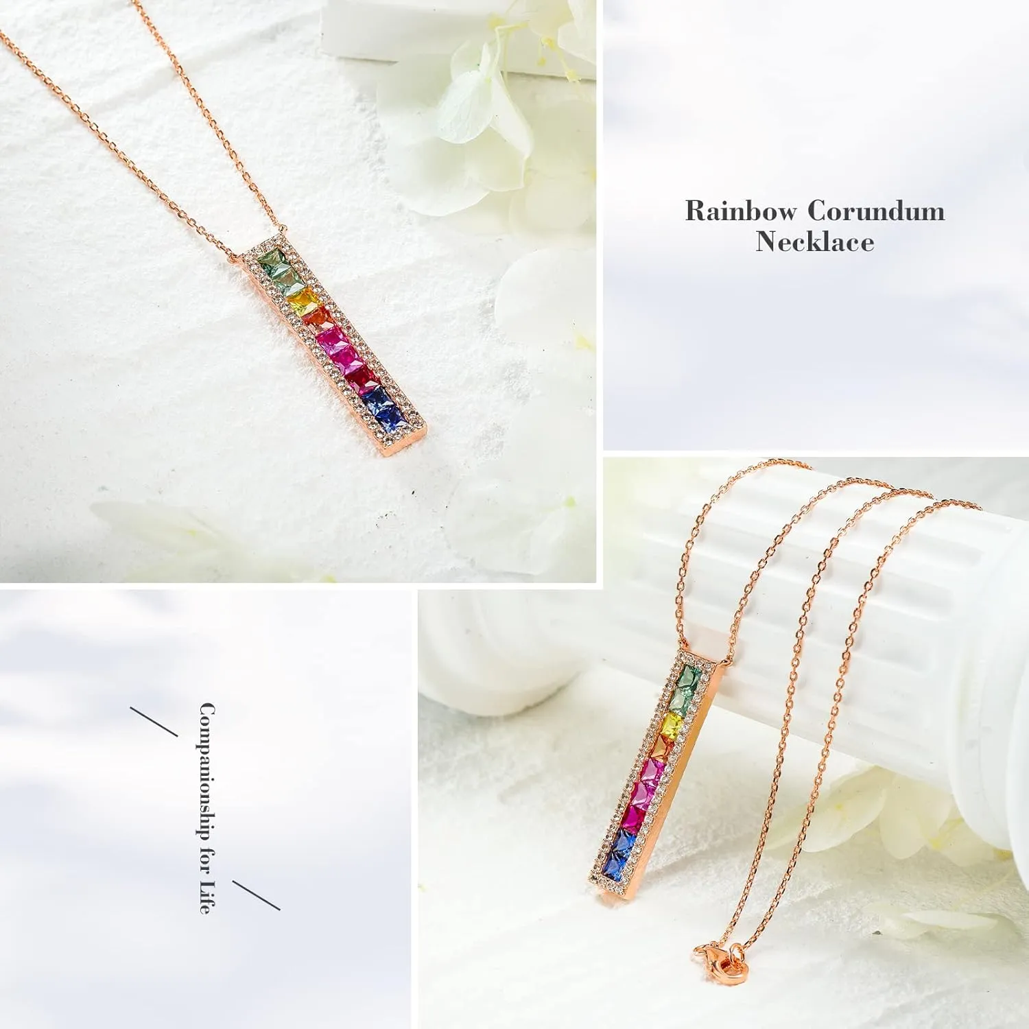 Curved Bar Baguette Necklace for Women 925 Sterling Silver Lab Created Colorful Gemstone Pendant Necklace