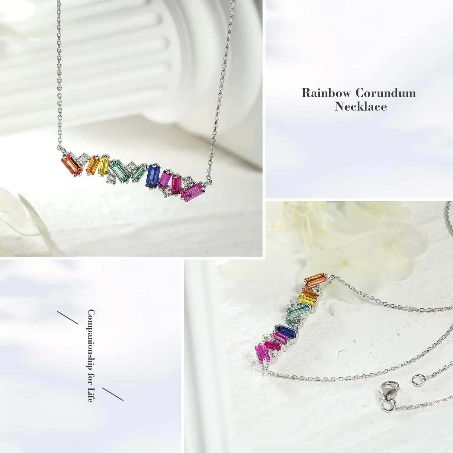 Curved Bar Baguette Necklace for Women 925 Sterling Silver Lab Created Colorful Gemstone Pendant Necklace