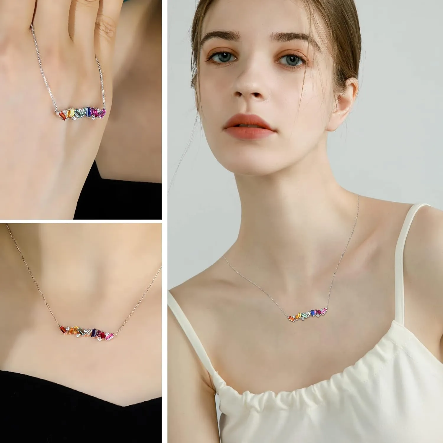 Curved Bar Baguette Necklace for Women 925 Sterling Silver Lab Created Colorful Gemstone Pendant Necklace