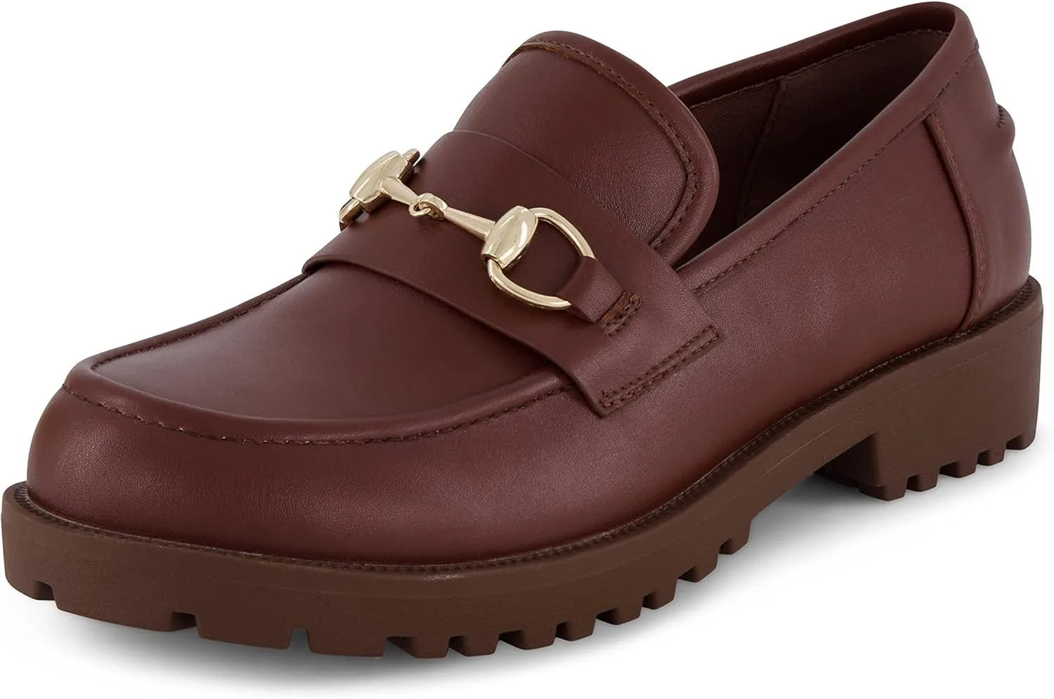 CUSHIONAIRE Romeo Chunky Lug Sole Womens Loafers with Gold Chain Accent, Platform Shoes for Women, Brown 6