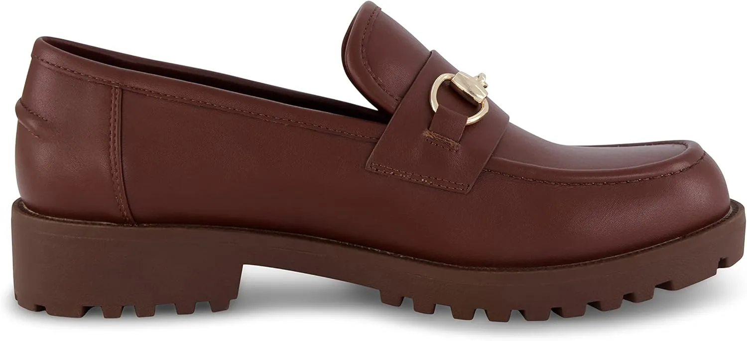 CUSHIONAIRE Romeo Chunky Lug Sole Womens Loafers with Gold Chain Accent, Platform Shoes for Women, Brown 6