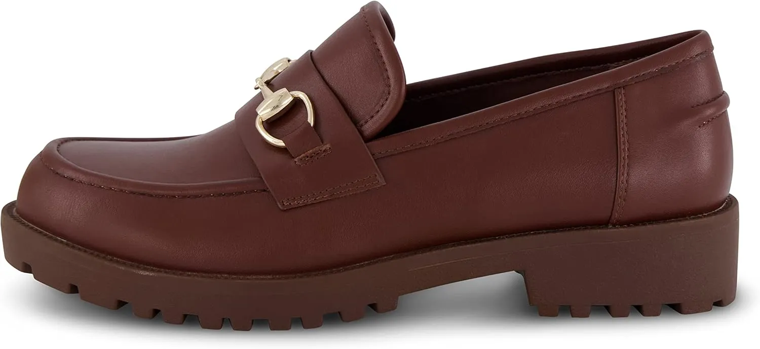 CUSHIONAIRE Romeo Chunky Lug Sole Womens Loafers with Gold Chain Accent, Platform Shoes for Women, Brown 6