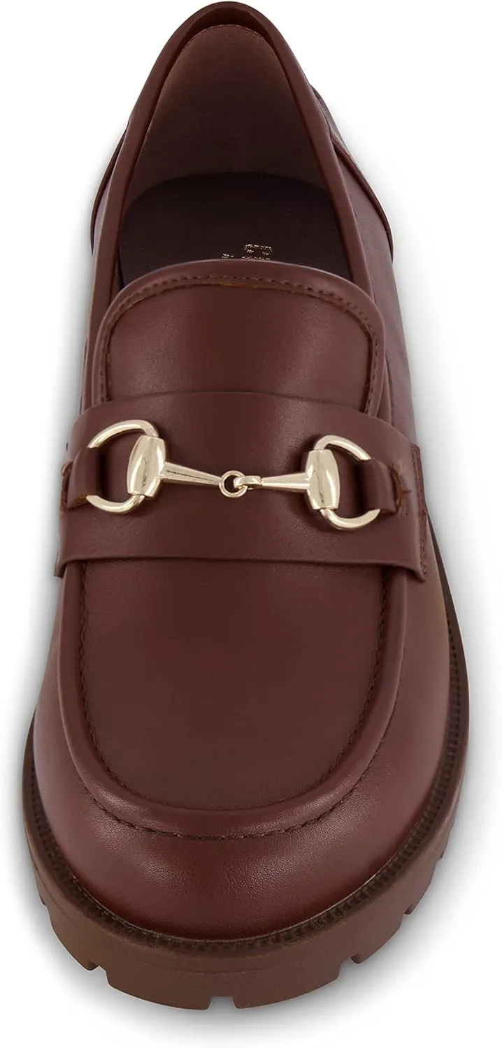 CUSHIONAIRE Romeo Chunky Lug Sole Womens Loafers with Gold Chain Accent, Platform Shoes for Women, Brown 6