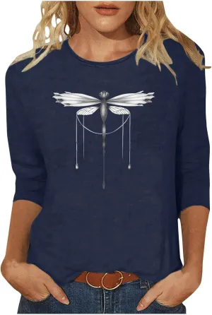 Cute Graphic 3/4 Sleeve Tops for Women Causal 2024 Summer Three Quarter Elbow Length Dragonfly Print Shirt Blouse