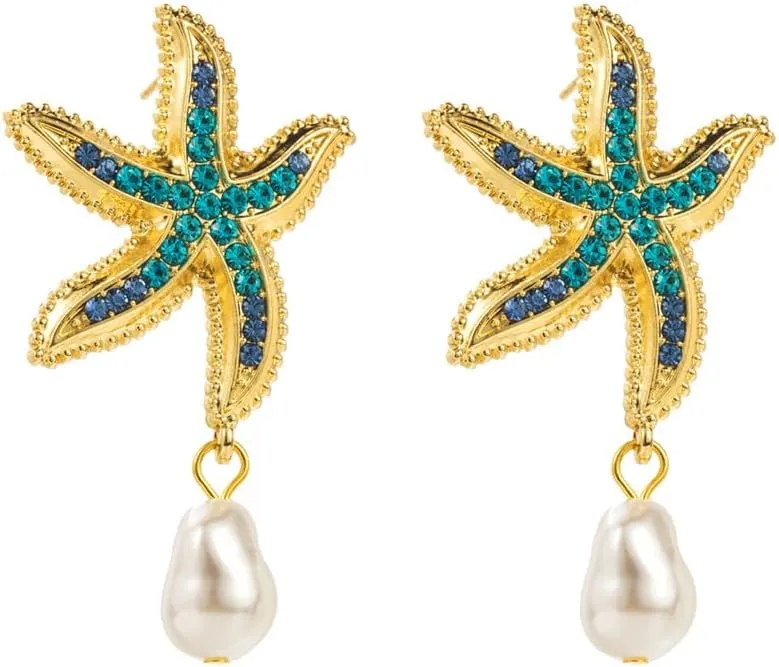 Dainty CZ Starfish Dangle Earrings for Women Hypoallergenic Artificial Baroque Shell Pearls Ocean Sea Marine Statement Charms Drop Dangling Fashion Boho Holiday Party Jewelry