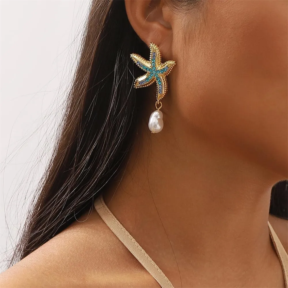 Dainty CZ Starfish Dangle Earrings for Women Hypoallergenic Artificial Baroque Shell Pearls Ocean Sea Marine Statement Charms Drop Dangling Fashion Boho Holiday Party Jewelry