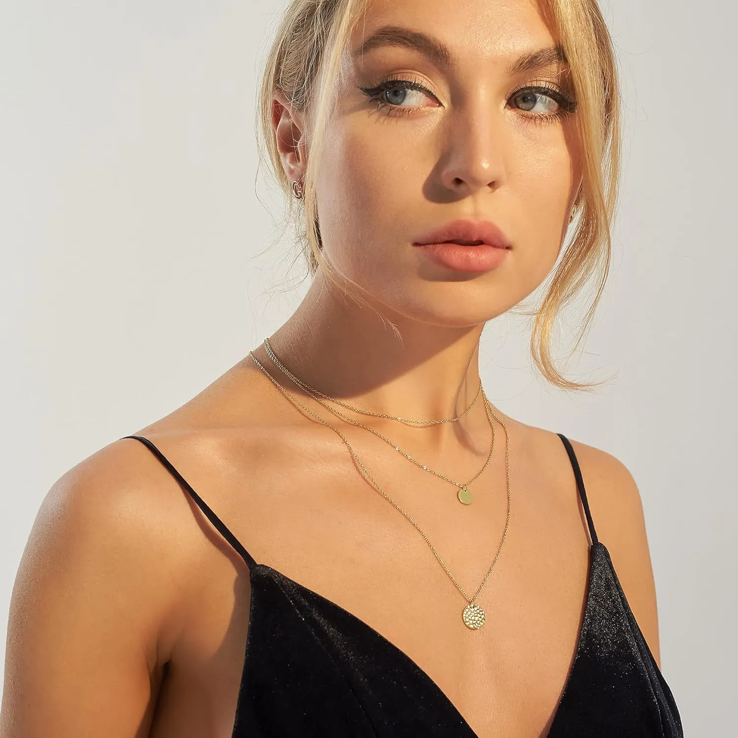 Dainty Gold Layered Bar Neckalce Moon Pendant Lariat Y Necklace 14K Gold Simple Necklace for Women