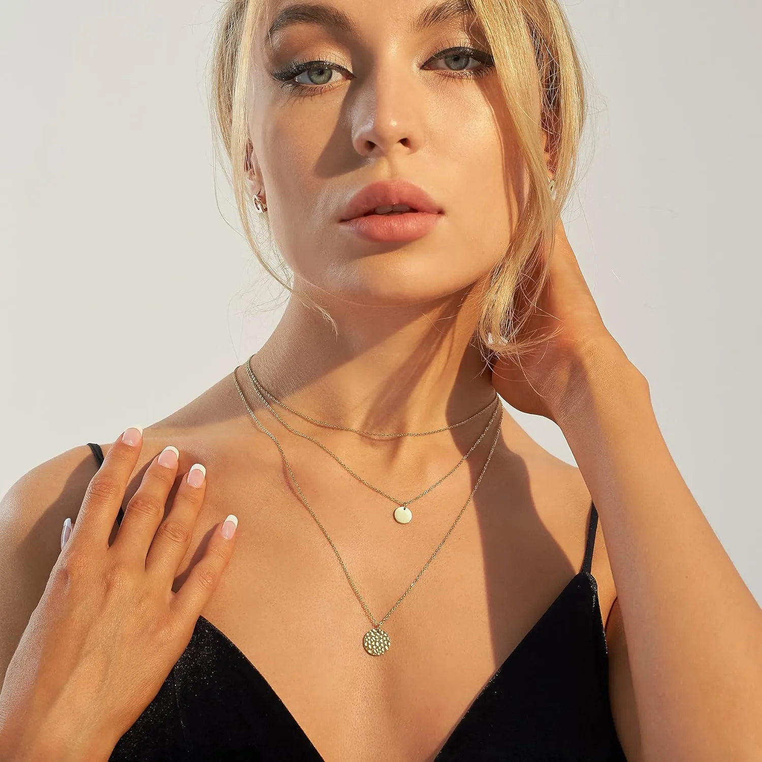 Dainty Gold Layered Bar Neckalce Moon Pendant Lariat Y Necklace 14K Gold Simple Necklace for Women