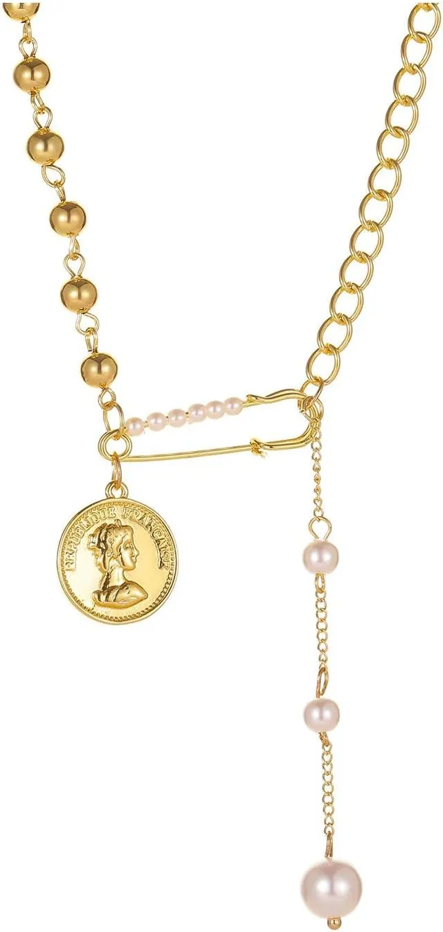 Dainty Gold Plated Coin Pendant Choker for Women,Irregular Geometric Pearl Pin Necklaces,Trendy Half Beaded Half Chain Necklace,Boho Statement Jewelry Gifts