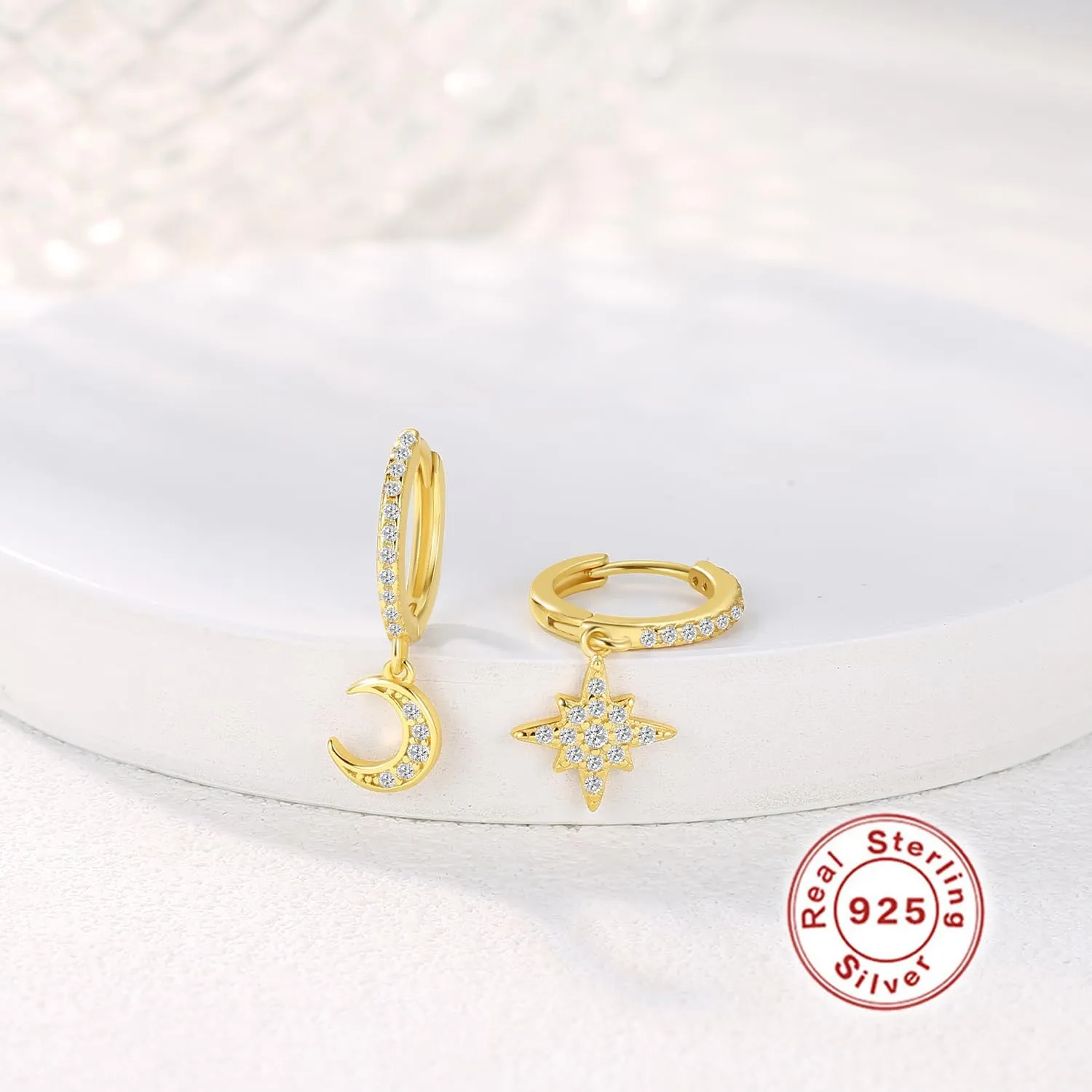Dainty Hoop Dangle Earrings for Women, Small Hoop Earring with Charm - Moon Star, Spike, Evil Eye, Sterling Silver Huggie Drop Earrings for Her