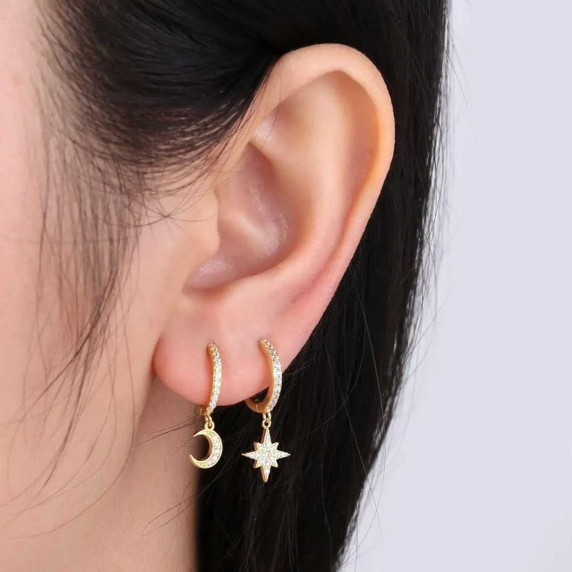 Dainty Hoop Dangle Earrings for Women, Small Hoop Earring with Charm - Moon Star, Spike, Evil Eye, Sterling Silver Huggie Drop Earrings for Her