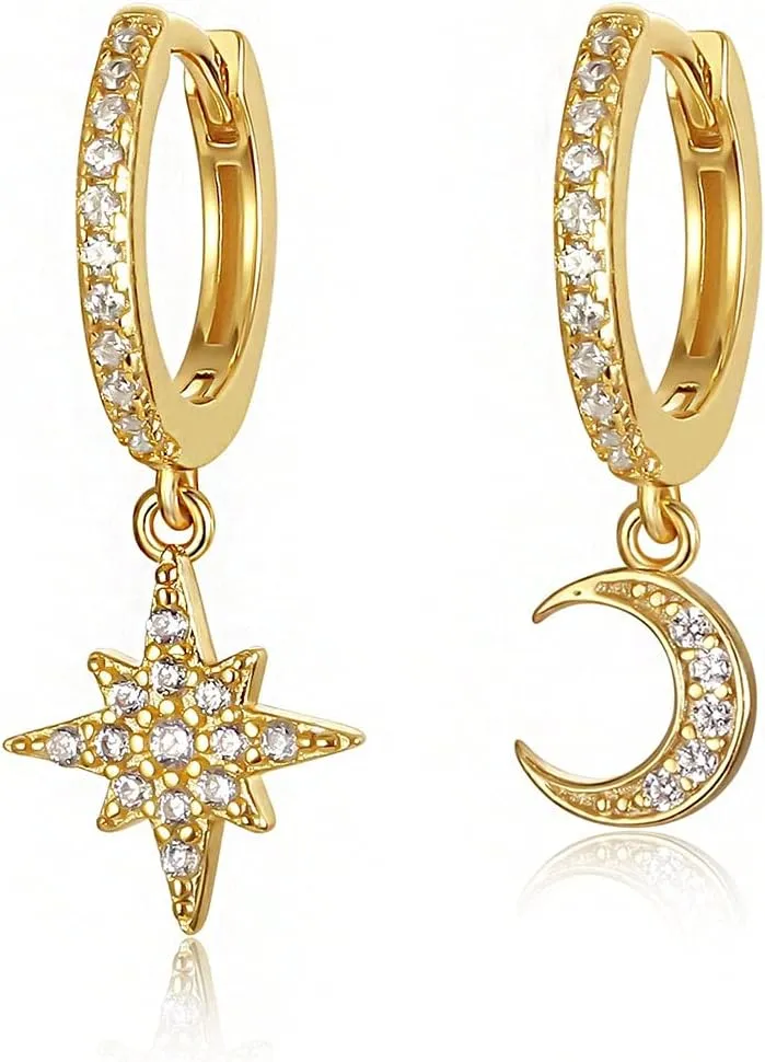 Dainty Hoop Dangle Earrings for Women, Small Hoop Earring with Charm - Moon Star, Spike, Evil Eye, Sterling Silver Huggie Drop Earrings for Her