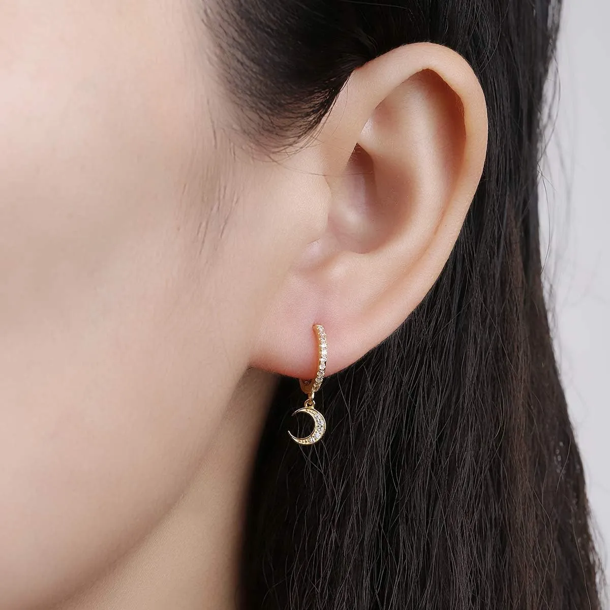 Dainty Hoop Dangle Earrings for Women, Small Hoop Earring with Charm - Moon Star, Spike, Evil Eye, Sterling Silver Huggie Drop Earrings for Her