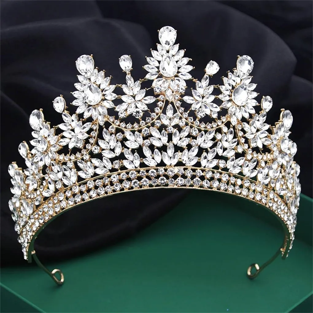 DBFBDTU Bridal Crown Vintage Rhinestones Tiaras Headdress Pageant Miss Party Wedding Crown Jewelry Hair Accessories Gold White