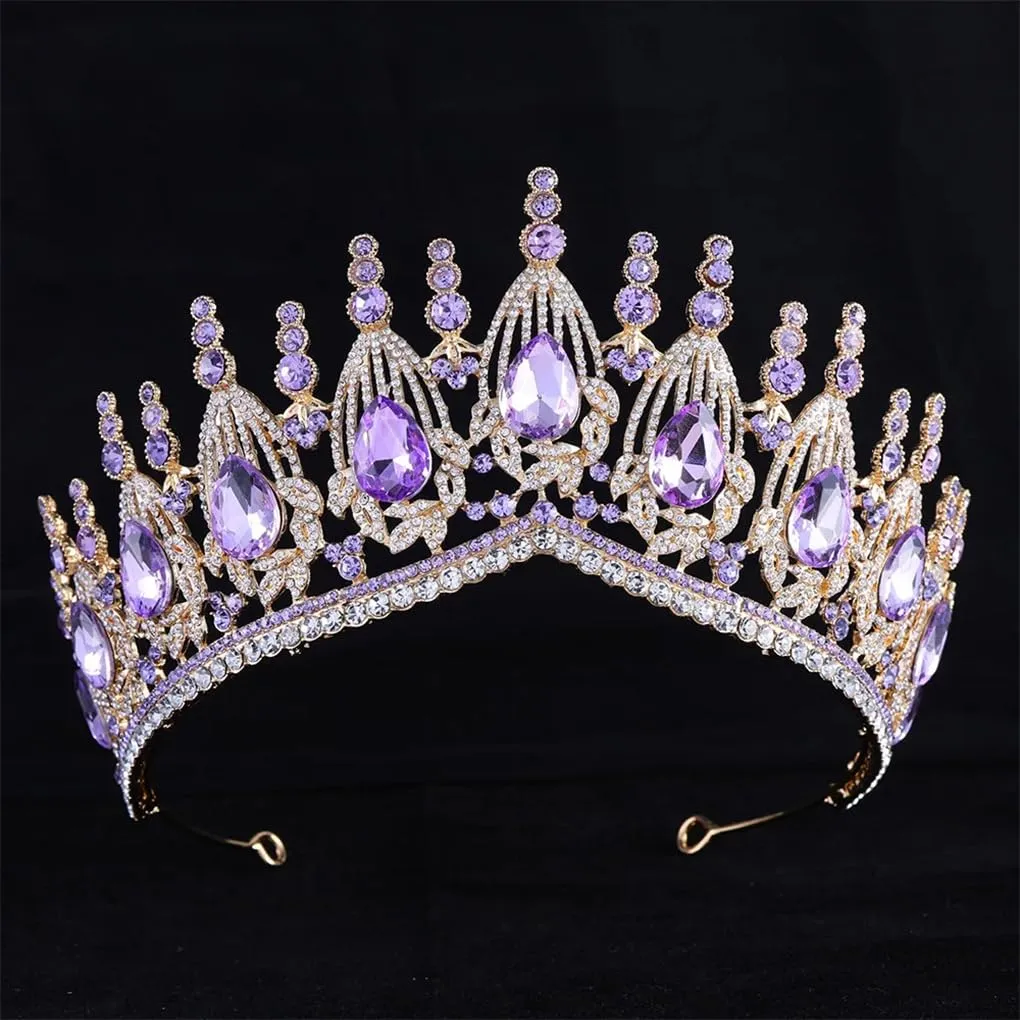 DBFBDTU Bridal Tiaras Crown Rhinestones Pageant Diadem Headpieces Wedding Hair Accessories H249 Gold Purple