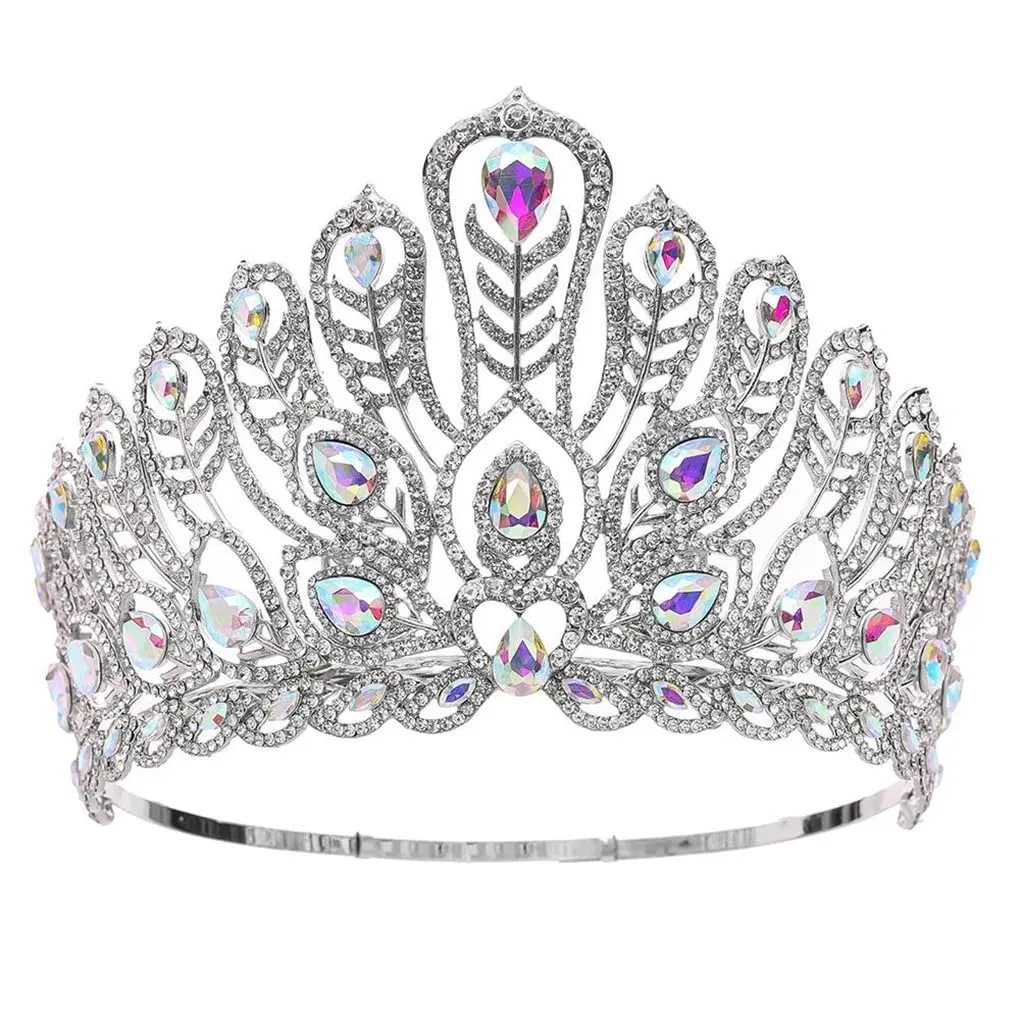 DBFBDTU Miss Universe Big Round Zinc Alloy Wedding Crowns Rhinestone Banquet Tiaras Party Costume Hair Accessories Silver White