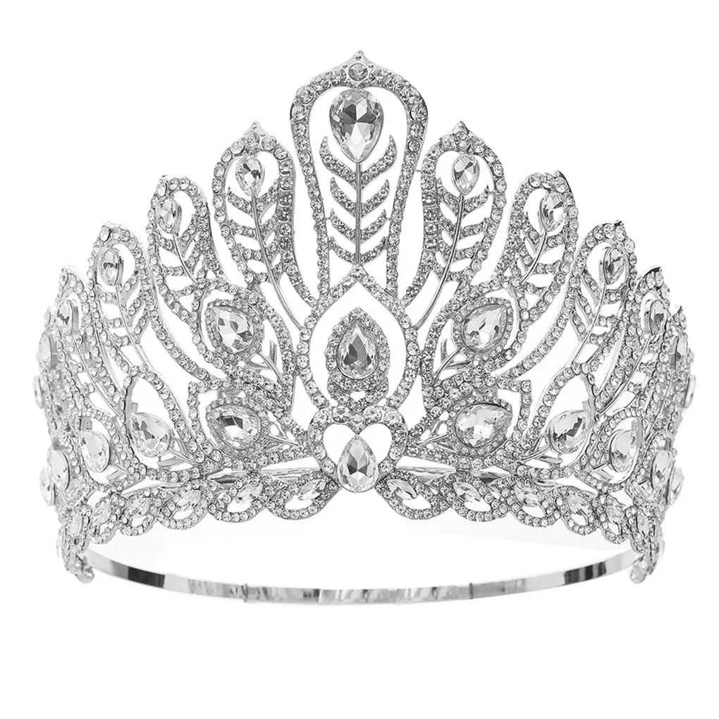 DBFBDTU Miss Universe Big Round Zinc Alloy Wedding Crowns Rhinestone Banquet Tiaras Party Costume Hair Accessories Silver White