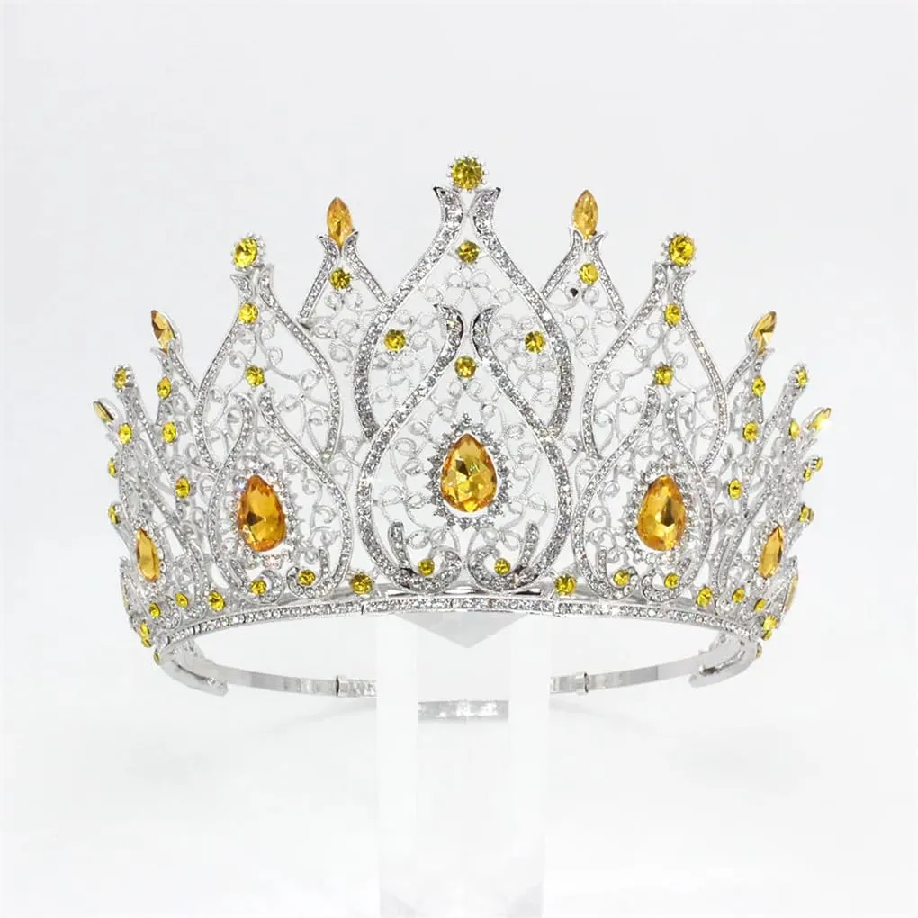 DBFBDTU Miss Universe Bridal Crowns Large Round Tiaras Wedding Party Hair Accessories Silver Yellow