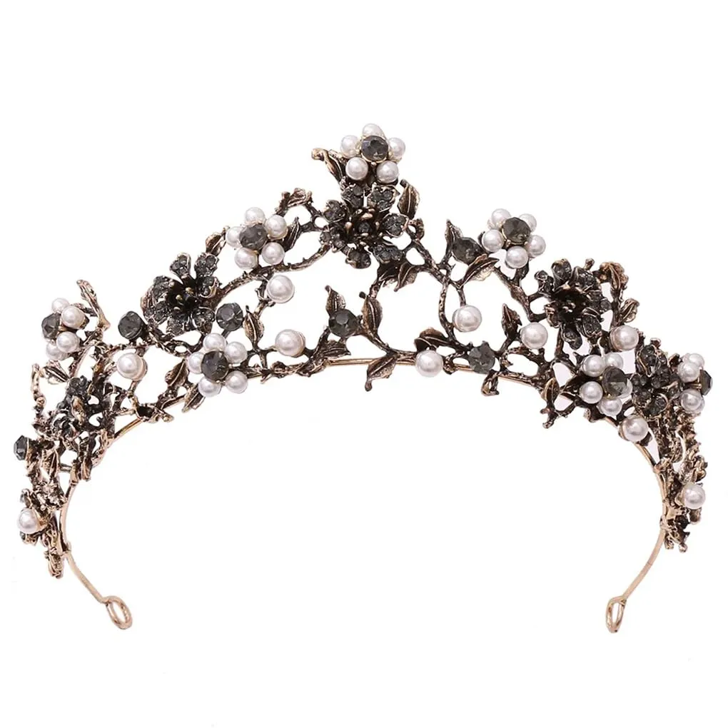 DBFBDTU Vintage Flower Pearls Bridal Crown Rhinestones Pageant Diadem Tiaras Wedding Hair Accessories Black