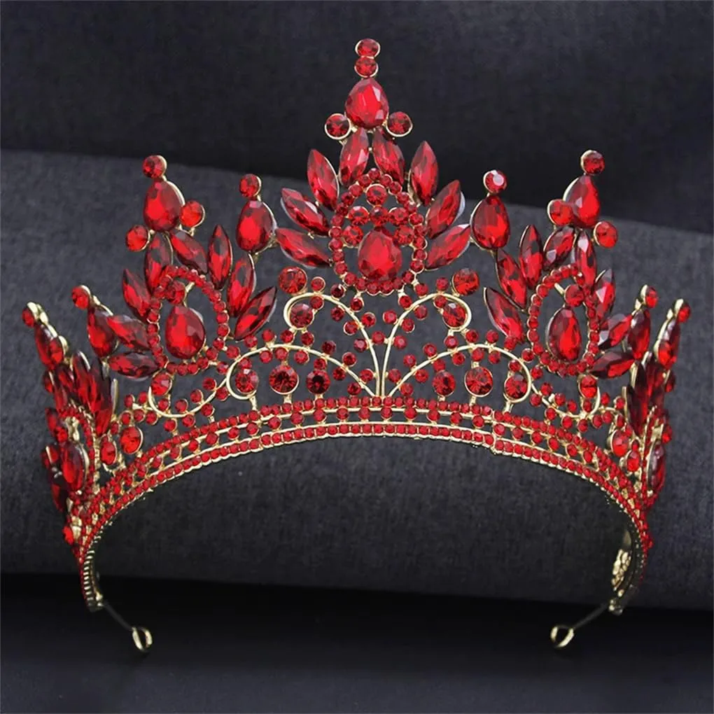 DBFBDTU Wedding Crown For Women Banquet Tiara Headpiece Bridal Party Hair Jewelry Accessories Gold Red