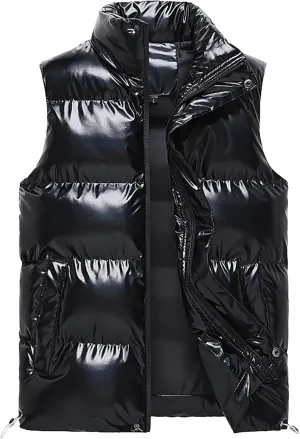 DGHM-JLMY Men Glossy Slim Casual Warm Down Cotton Vest Sleeveless Casual Shiny Zip Puffer Jacket Cotton Padded Down Waistcoat