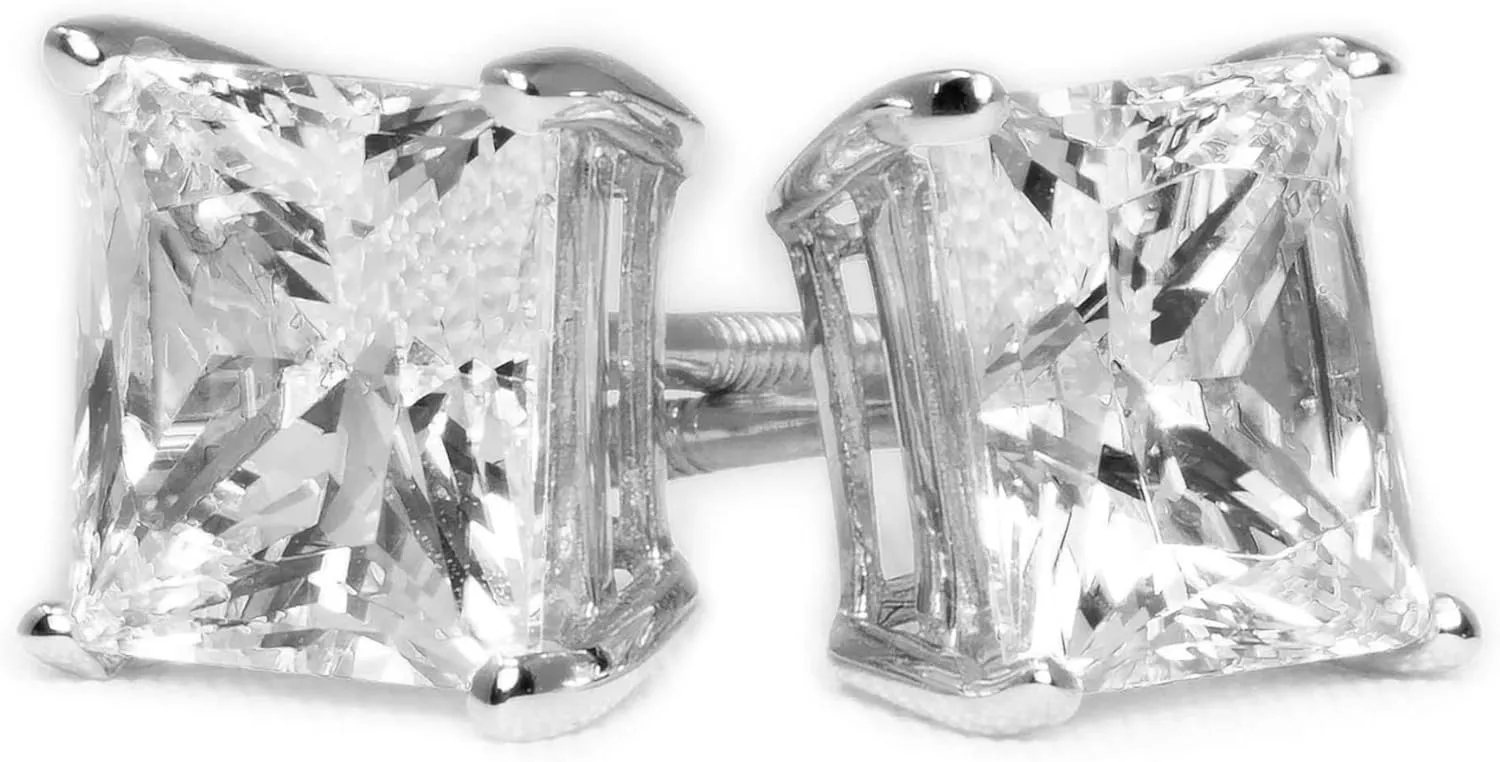 Diamond Stud Earrings for Women & Men, 14k White Gold Earring Studs, 2ct VVS1 Round, Princess, Heart, Bezel Cut, Solitaire Screw Backs [Simulated Diamonds]