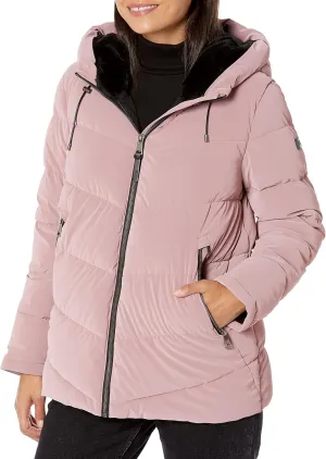 DKNY Women's Faux Fur Trim Hood Down Puffer Coat