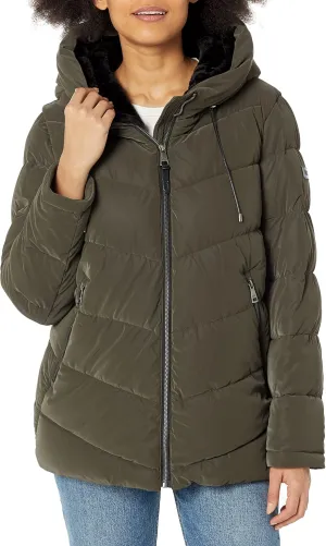 DKNY Women's Faux Fur Trim Hood Down Puffer Coat